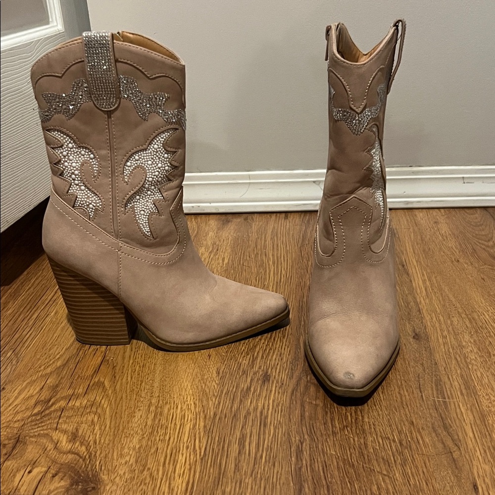 Beige Heeled Western Boots